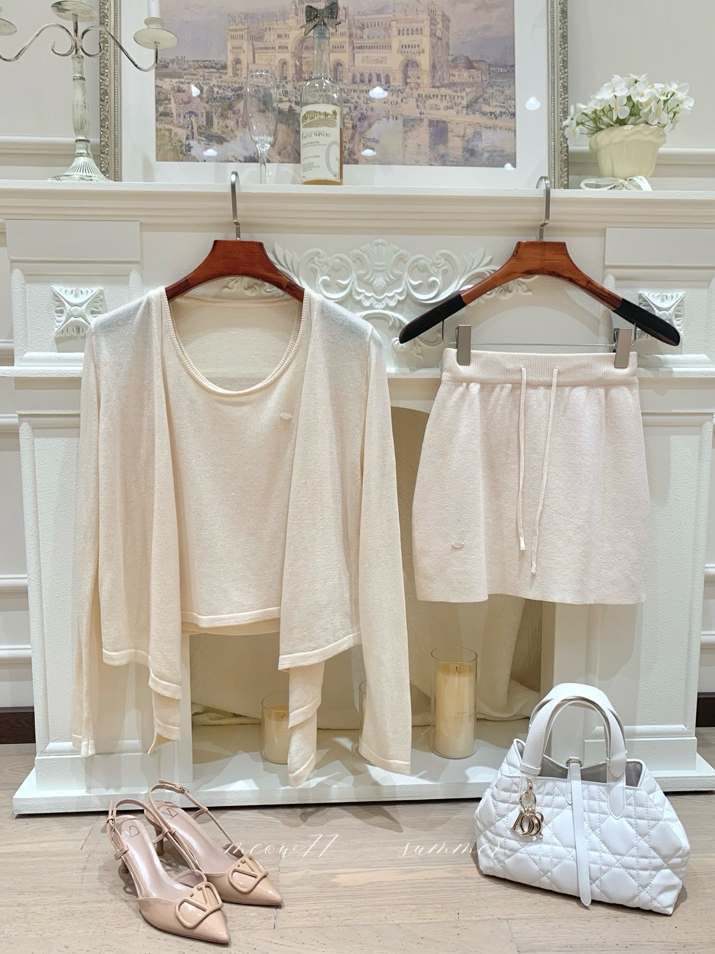 [Sweet] Soft Knit Cardigan Tank Top and Skirt Three-Piece Set (QH-015)