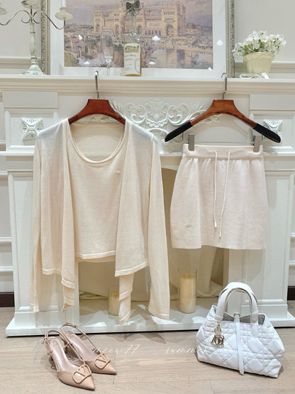 [Sweet] Soft Knit Cardigan Tank Top and Skirt Three-Piece Set (QH-015)