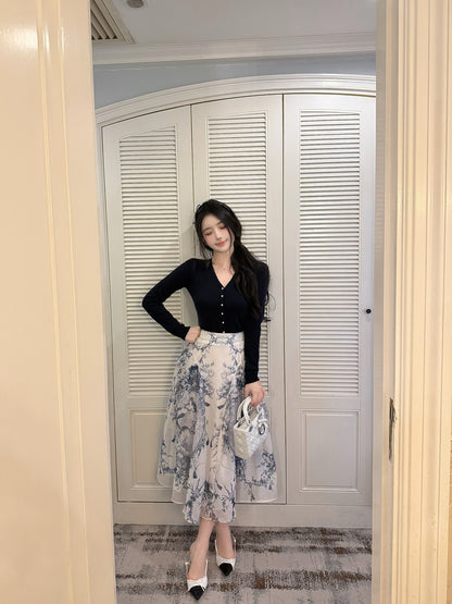 [Elegant] V-Neck Long Sleeve Knit Top & Printed Midi Skirt Two-Piece Set (MYQ-05/Q1308)