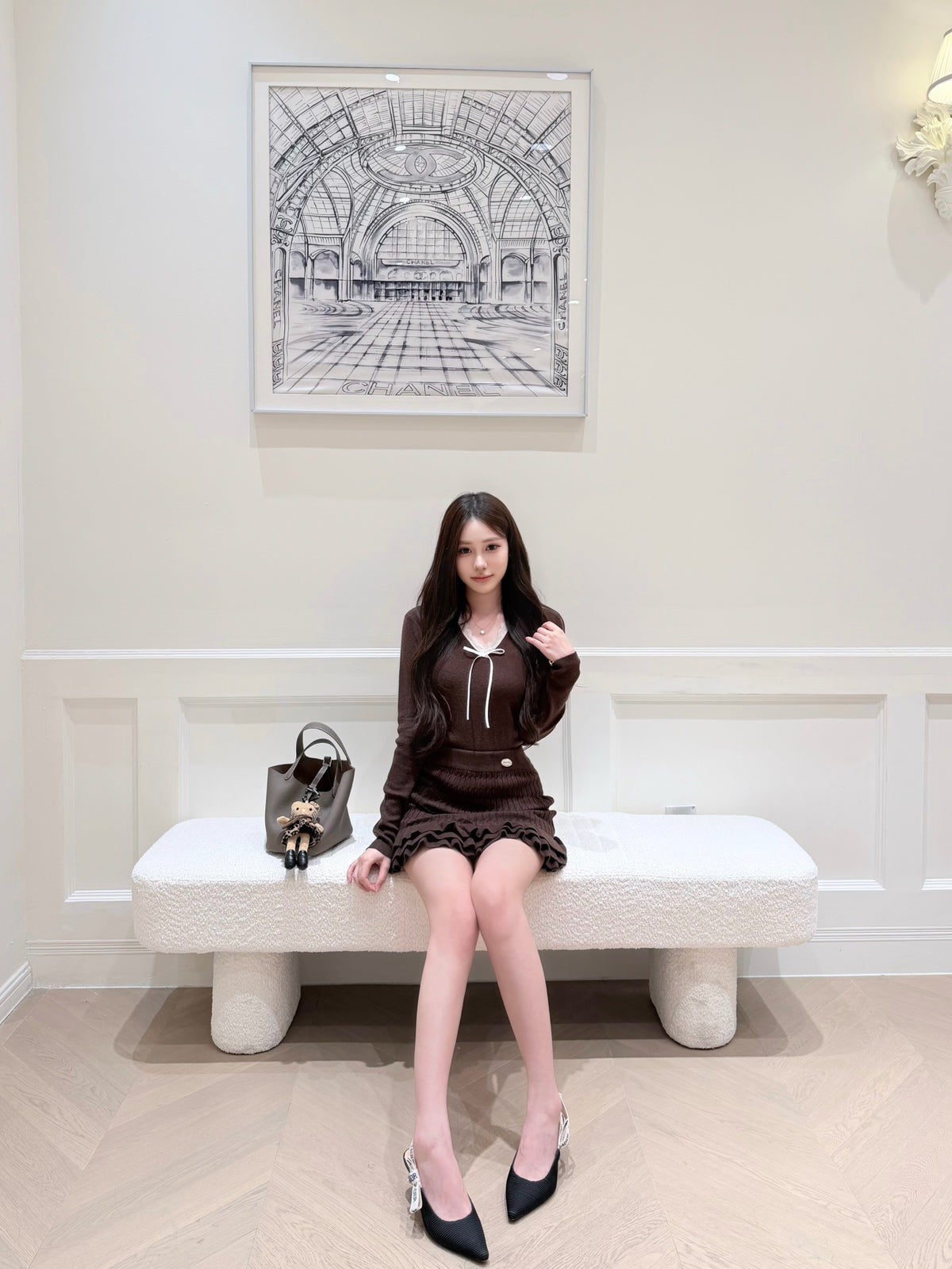⁠[Chic] Lace Trim V-Neck Bow Knit Base Top (QH-115)⁠