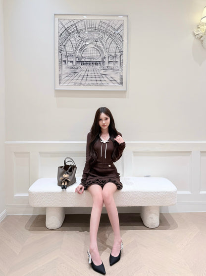 ⁠[Chic] Lace Trim V-Neck Bow Knit Base Top (QH-115)⁠