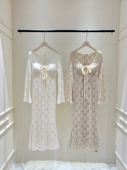 ⁠[French Lace] Ribbon Tie Lace Fitted Mermaid Dress (Q1598)⁠