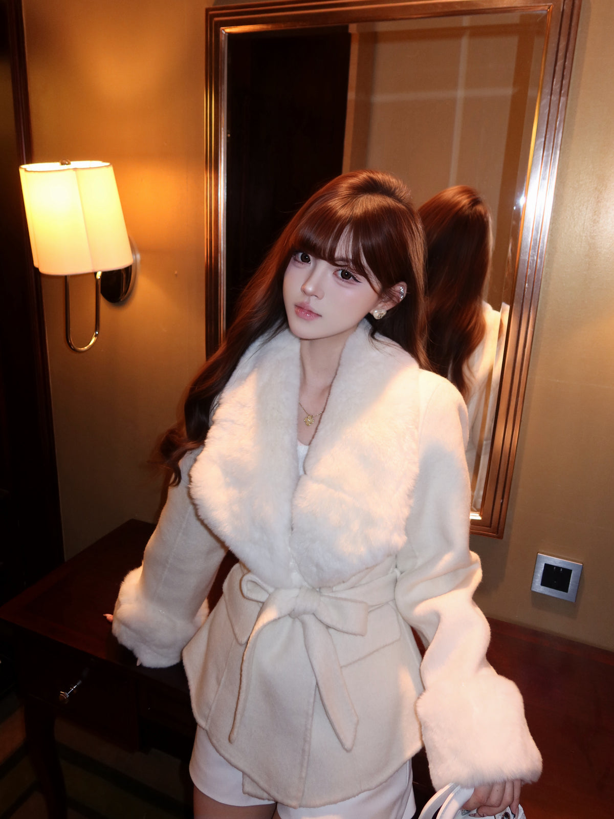 ⁠[Stylish] Fox Fur Collar Belted Double-Faced Wool Short Coat (YRDY-022)⁠