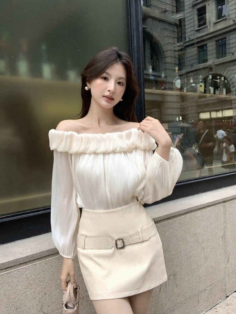 [Stylish] White Label Off-Shoulder Chiffon Top