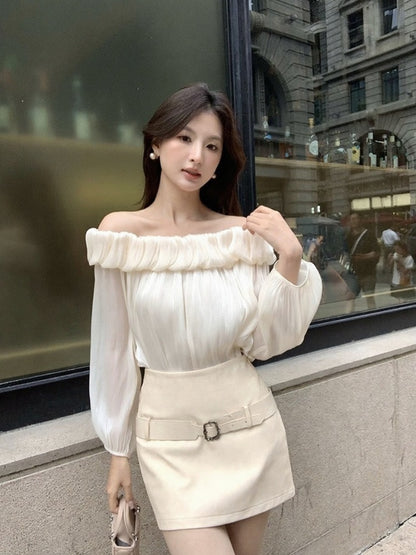 [Stylish] White Label Off-Shoulder Chiffon Top