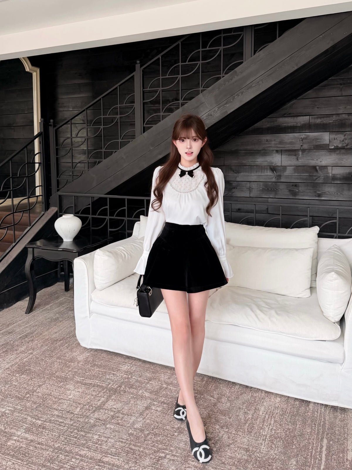 [Coquette] Pleated Chiffon Bow Blouse (Q1516)