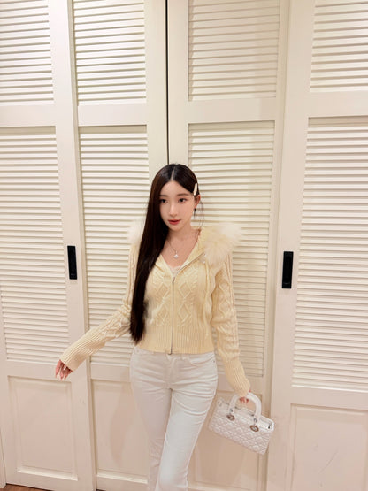 [Coquette] Fox Fur Collar Zip-Up Knit Cardigan (MY5812)