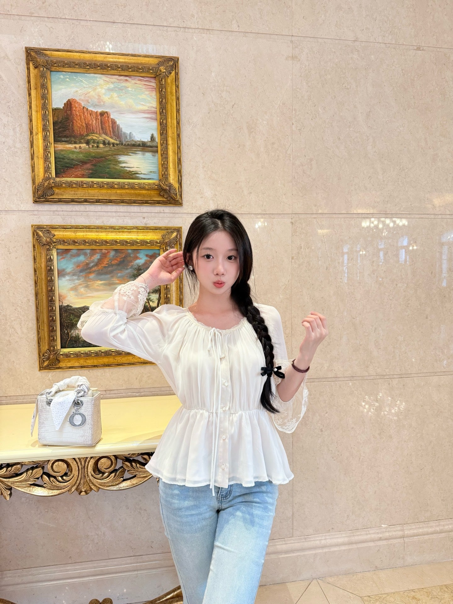 [Romantic] French Lace Trim Tie-Front Chiffon Blouse (Q1361)