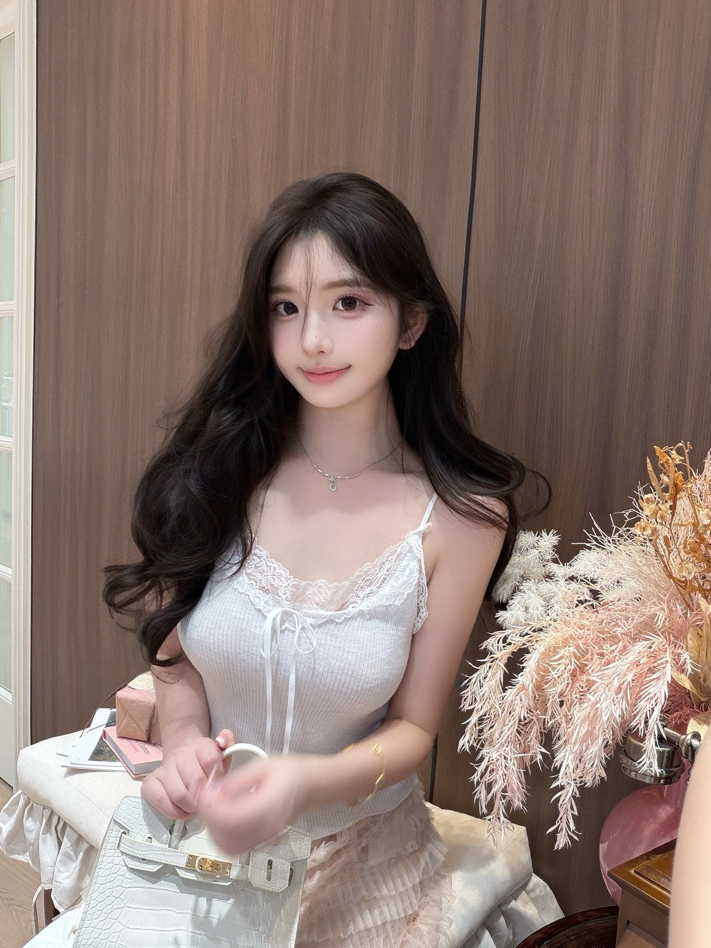 [Romantic] Lace Trim Cami and Knit Cardigan Set (QH-020)
