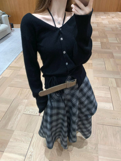 [Fashion] Designer Plaid Long Skirt (with belt)