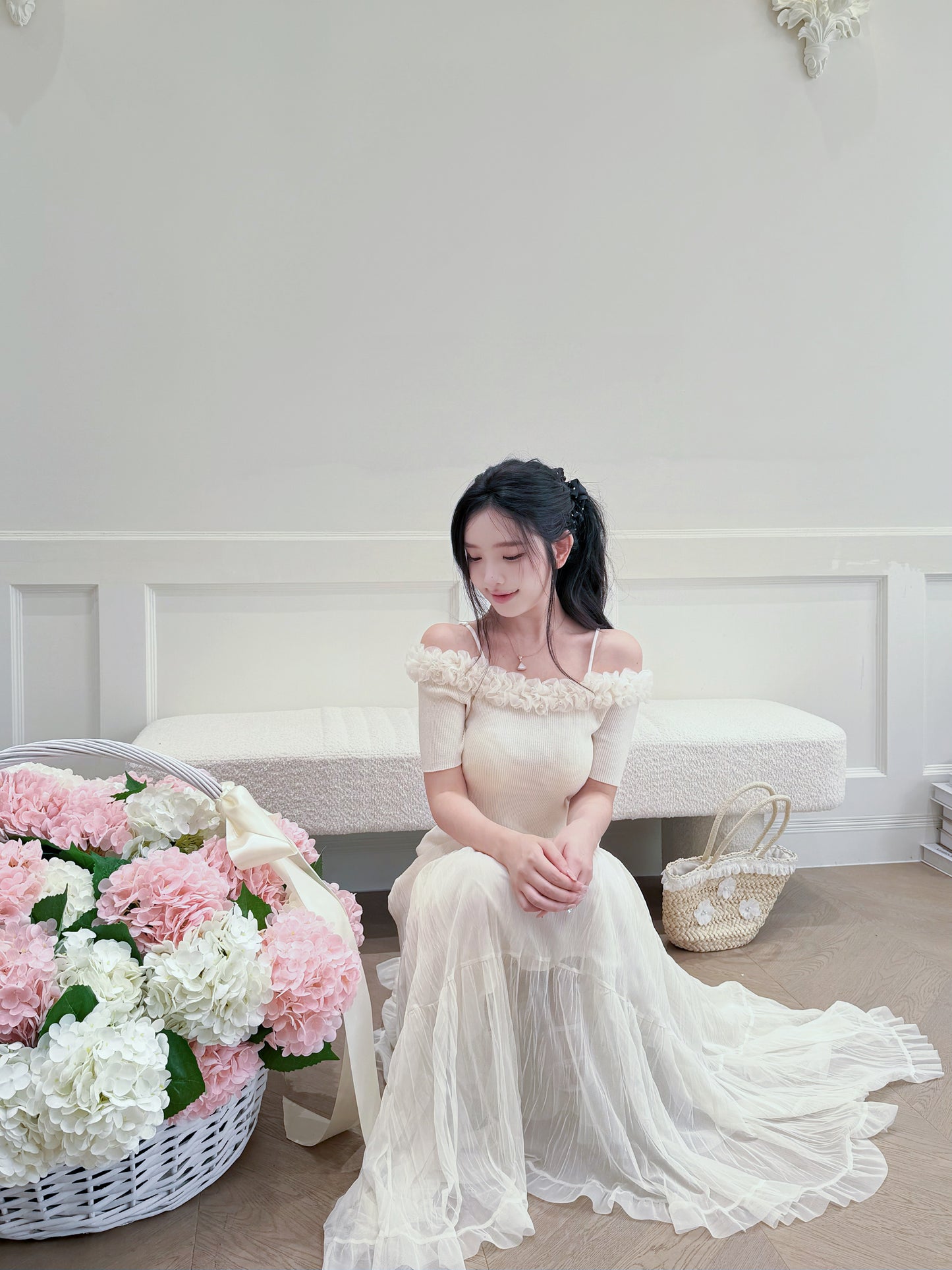 [Girly] Off-shoulder Knitted Green & Beige Top (QF008)