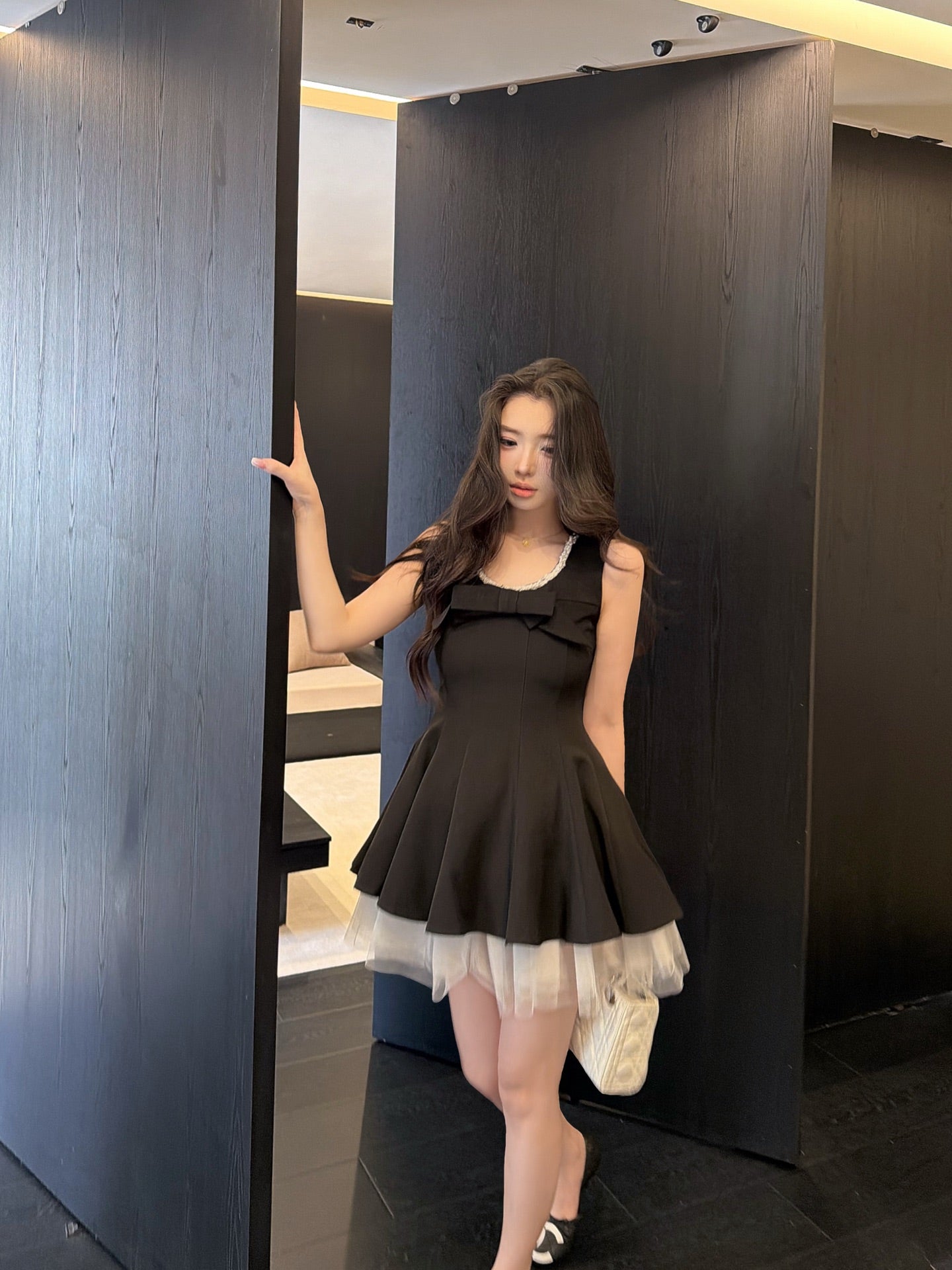 [Coquette] Pearl Beaded U-Neck Bow Mini Dress with Tulle Hem (Q1510)⁠