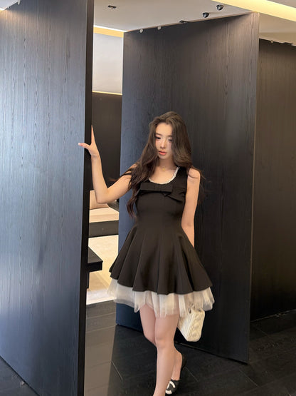 [Coquette] Pearl Beaded U-Neck Bow Mini Dress with Tulle Hem (Q1510)⁠