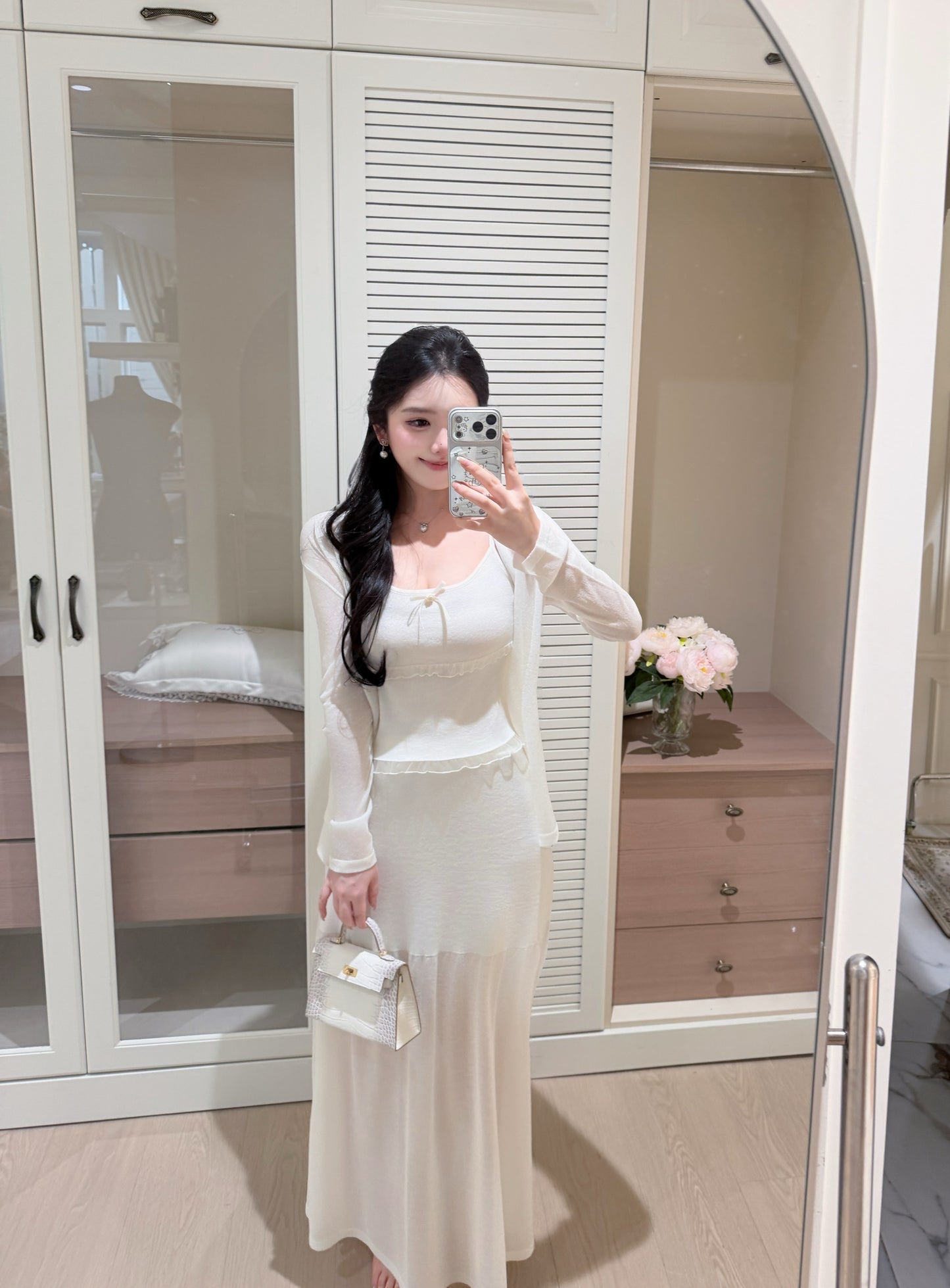 [Elegant] Ruffle Cami + Knit Cardigan + Flared Midi Skirt 3-Piece Set (QF110+QF111)