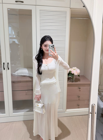 [Elegant] Ruffle Cami + Knit Cardigan + Flared Midi Skirt 3-Piece Set (QF110+QF111)