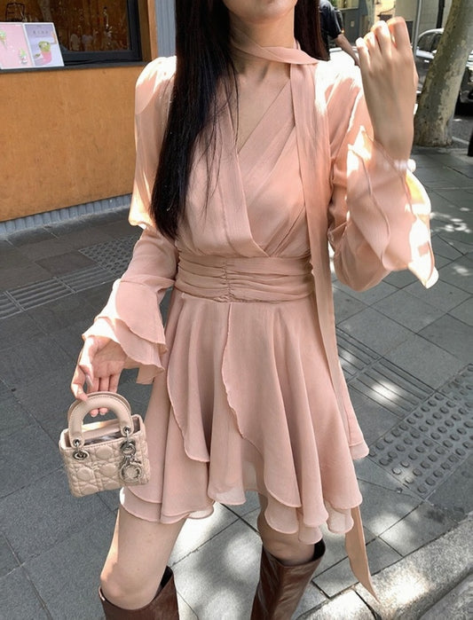 [Girly] White label V-neck Long-sleeve Elegant Dress