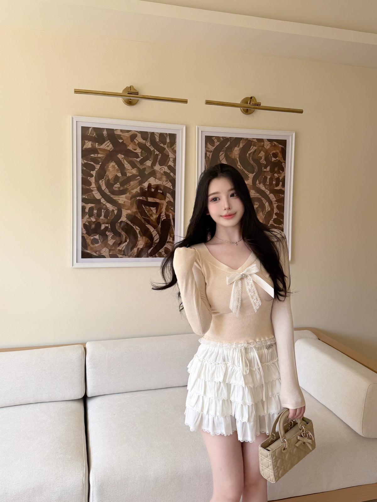 [Sweet] Wool Lace Bow V-Neck Top (MY5817)