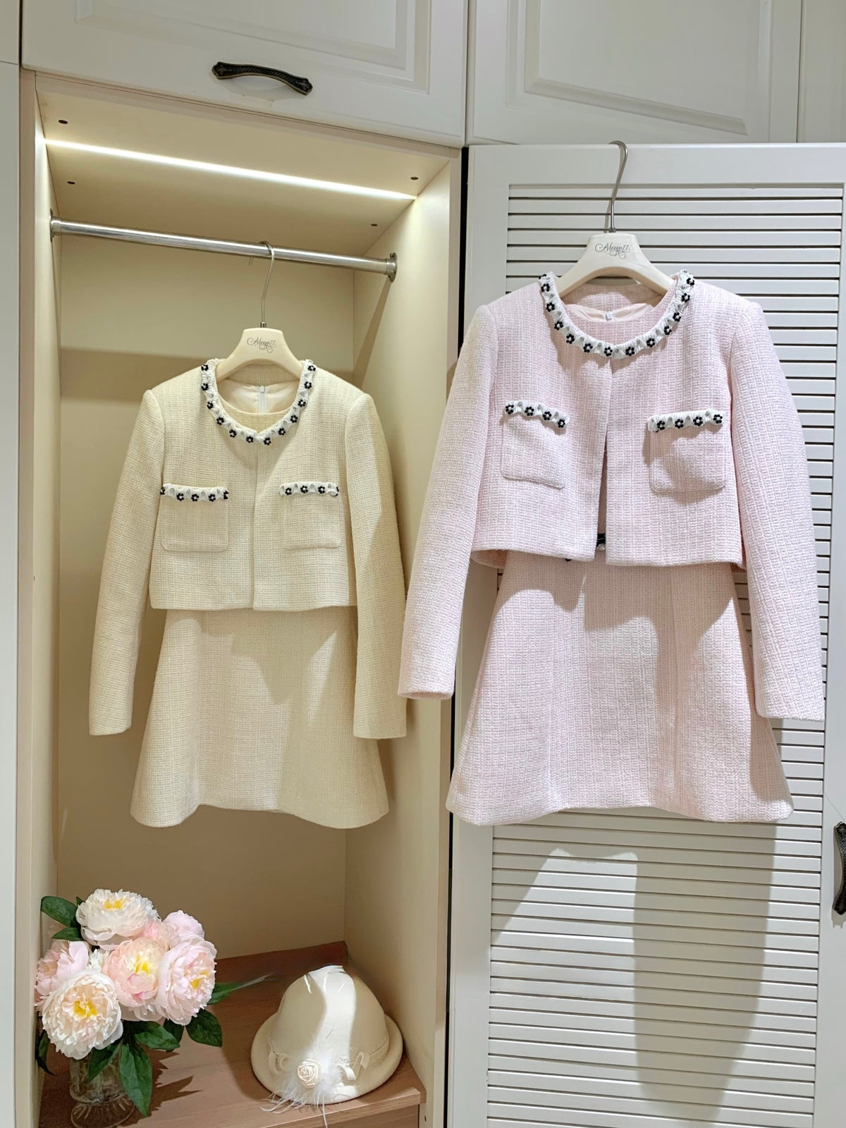 [Elegant] Pearl Tweed Crop Jacket & Skirt Set (Q1522)
