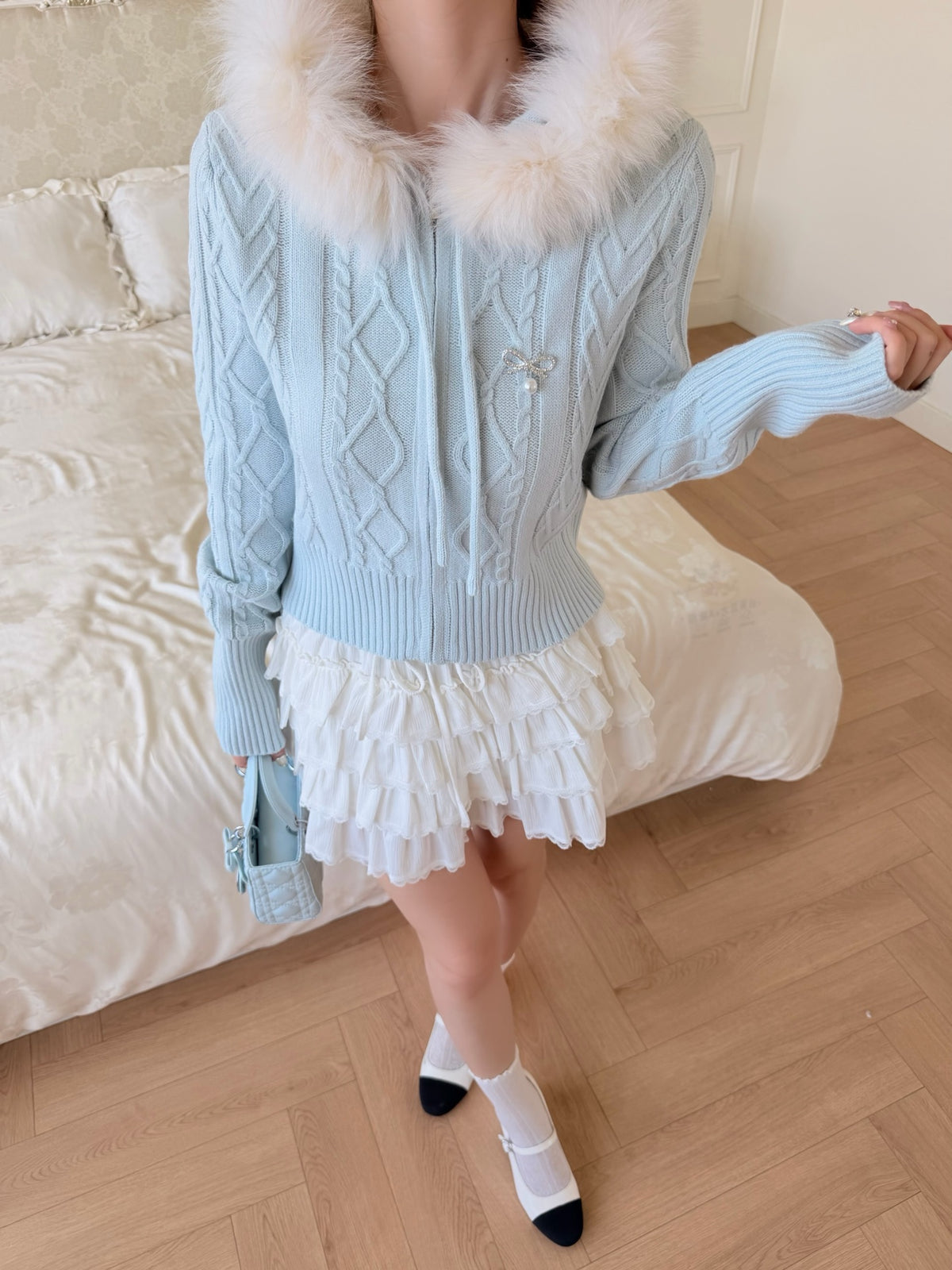 [Coquette] Fox Fur Collar Zip-Up Knit Cardigan (MY5812)