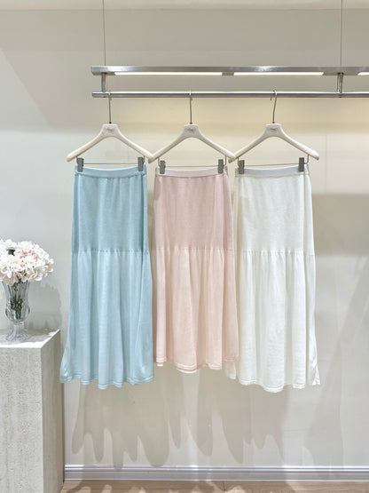 [Elegant] Ruffle Cami + Knit Cardigan + Flared Midi Skirt 3-Piece Set (QF110+QF111)