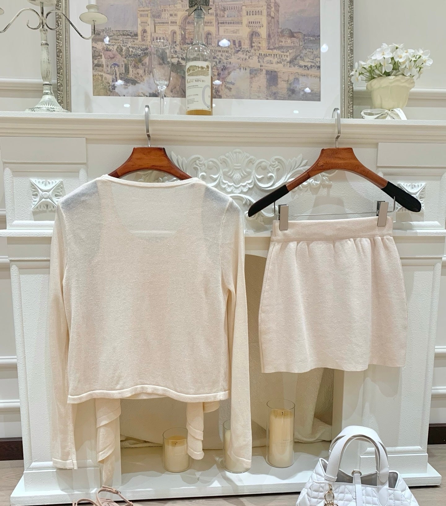[Sweet] Soft Knit Cardigan Tank Top and Skirt Three-Piece Set (QH-015)