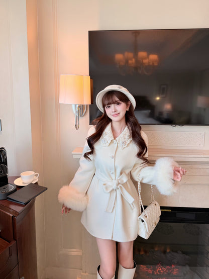 ⁠[Girly] Beaded Crochet Collar Fur Trim Belted 100% Australian Wool Coat (YRDY-015)