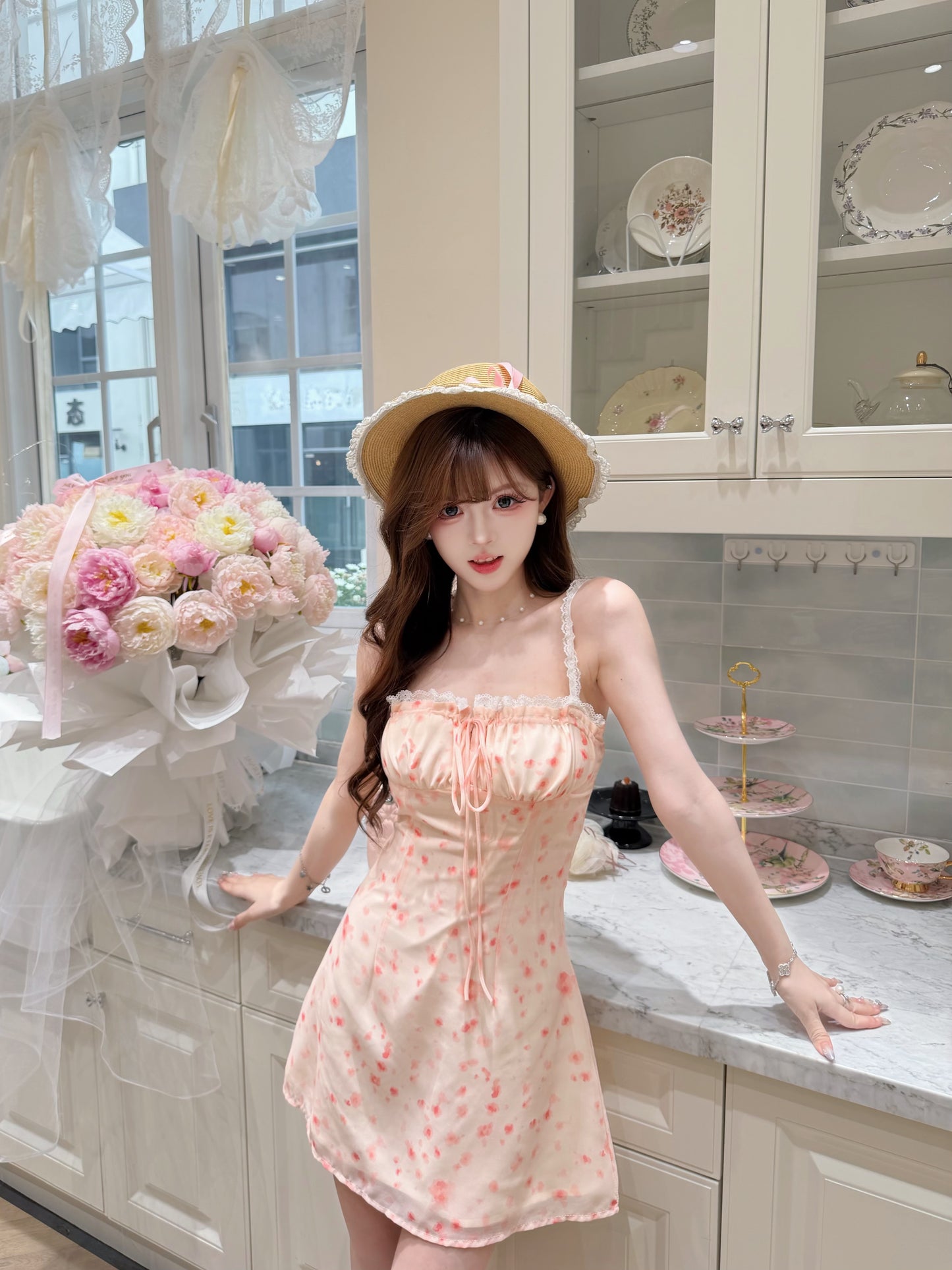[Artistic] Watercolor Floral Lace Strap Mini Dress (QF083)