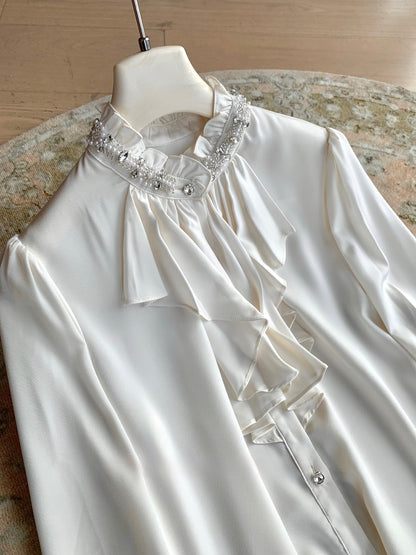 ⁠[Elegant] Stand Collar Ruffle Ribbon Satin Blouse (Q1535)⁠