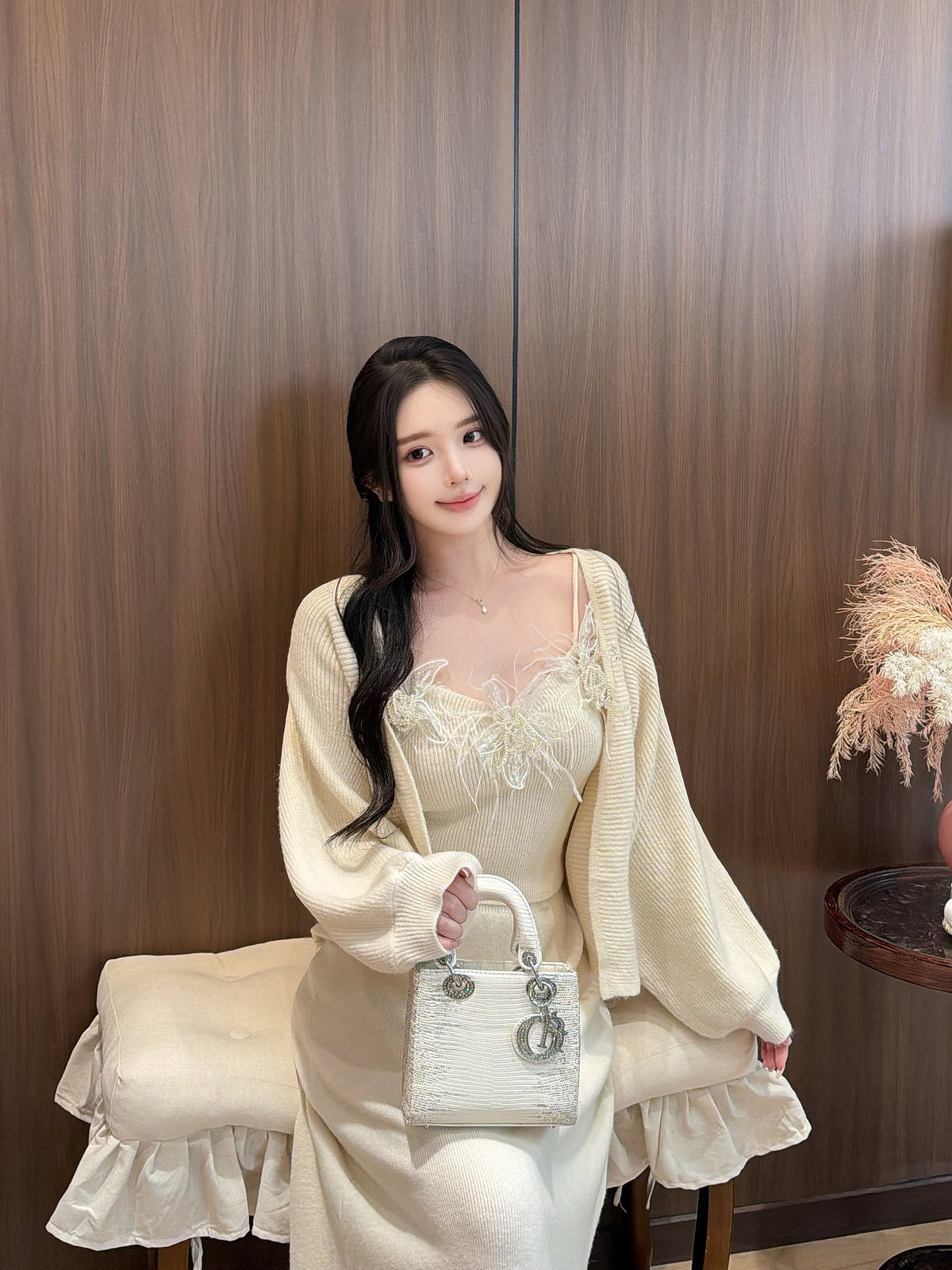 [Elegant]Japanese Style Feather Lace 3-Piece Knit Set (QH-076)