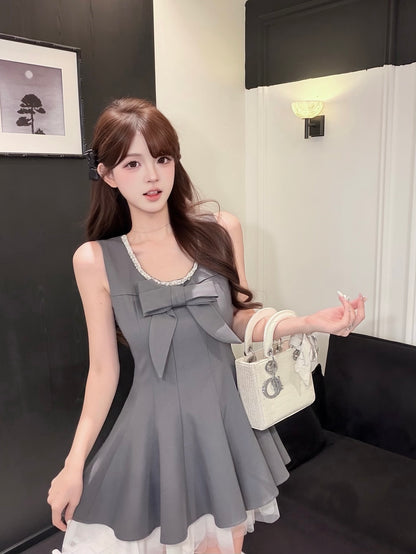 [Coquette] Pearl Beaded U-Neck Bow Mini Dress with Tulle Hem (Q1510)⁠