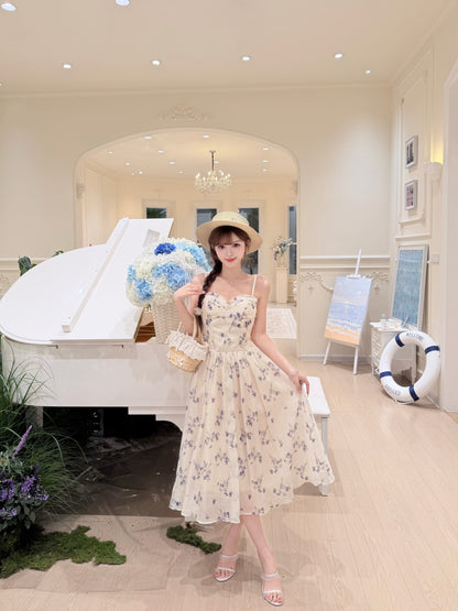 [Artistic] Purple/Blue Floral Sweetheart Neckline Dress (QF066)