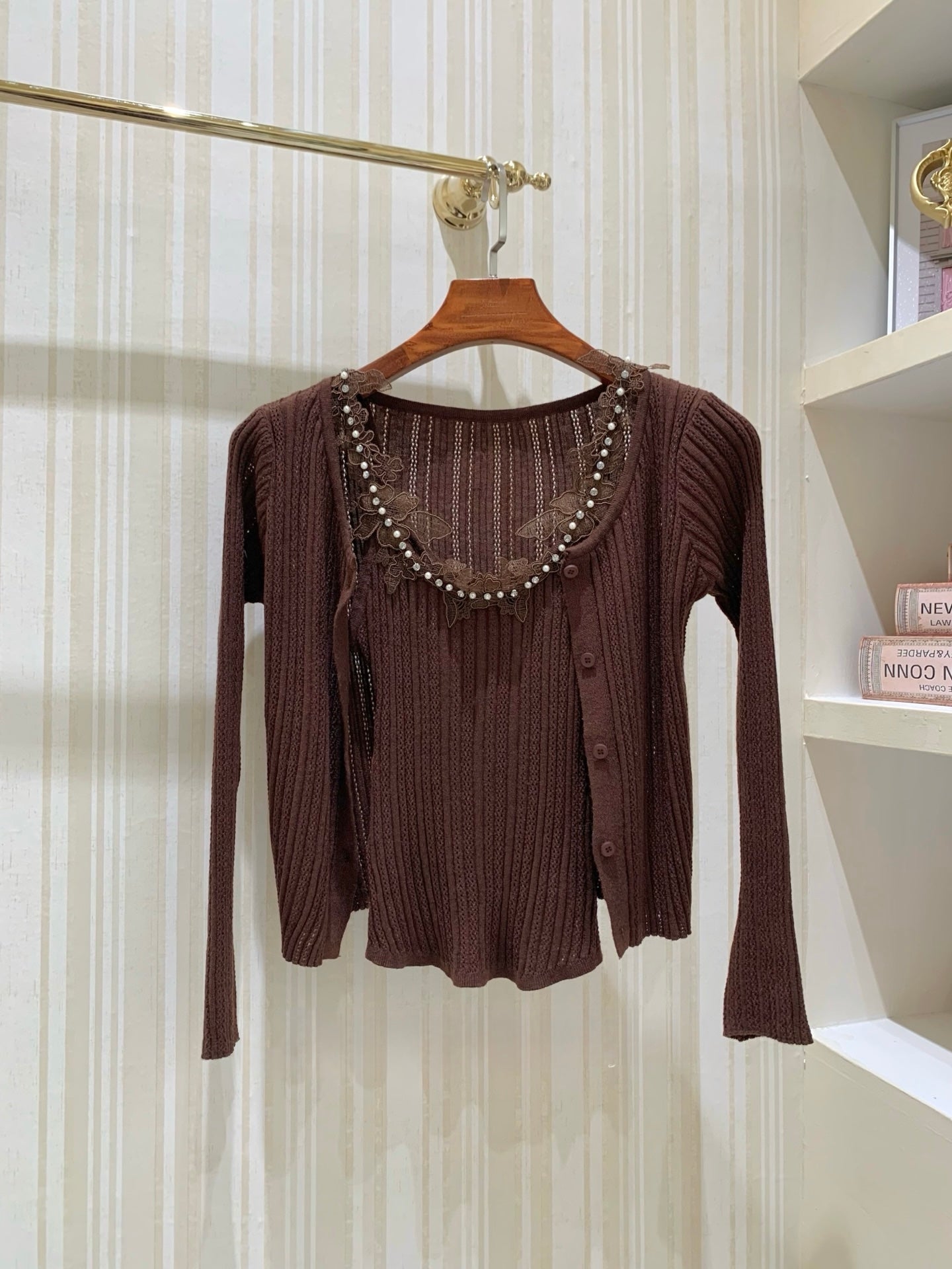 [Dating] Pearl Lace Trim Cami and Knit Cardigan Set (QH-08)