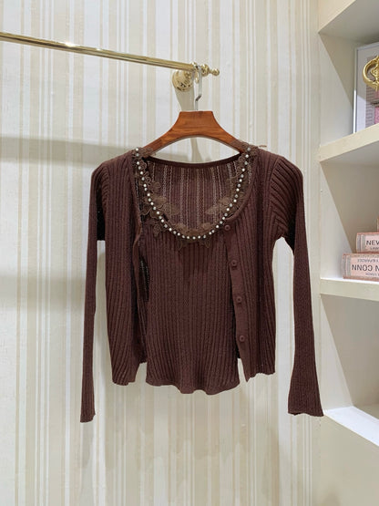 [Dating] Pearl Lace Trim Cami and Knit Cardigan Set (QH-08)
