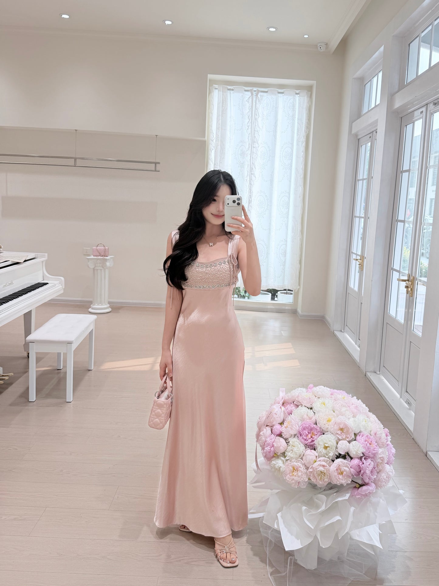 [Luxury] Beaded Satin A-Line Long Dress (QF059-1)