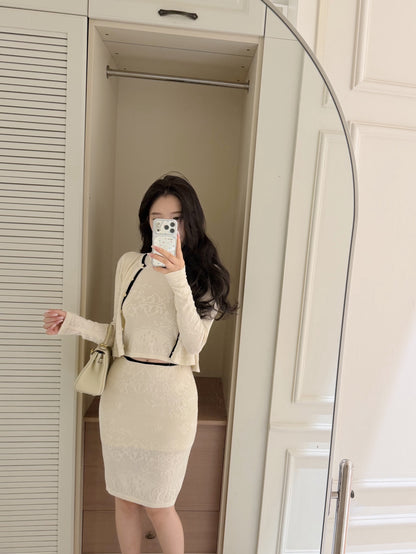 [Workwear] French Contrast Trim Lace Knit Cardigan and Skirt Set (QH-09)⁠