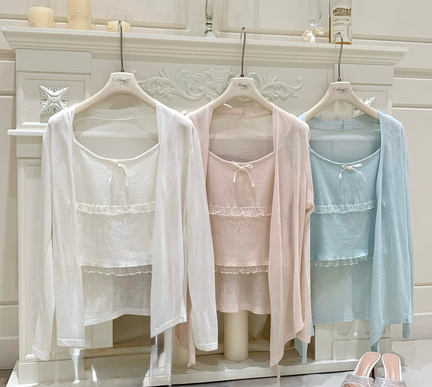 [Elegant] Ruffle Cami + Knit Cardigan + Flared Midi Skirt 3-Piece Set (QF110+QF111)