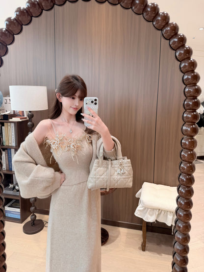 [Elegant]Japanese Style Feather Lace 3-Piece Knit Set (QH-076)