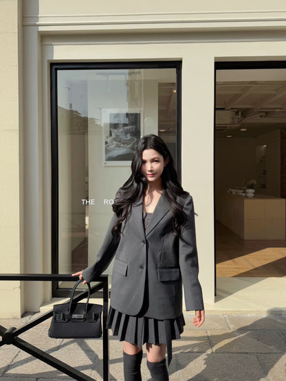 [Miu Style] Stripes Blazer + Pleated Skirt Set
