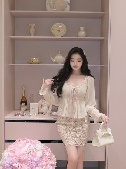 ⁠[Girly] French Romantic Ruffle Ribbon Chiffon Blouse (QH-031)⁠