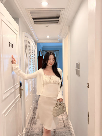 [Elegant] Lace Trim Satin High-Waist Midi Skirt (Q1355)