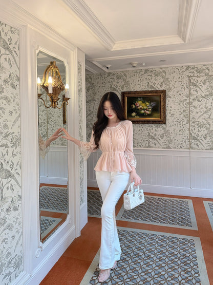 [Romantic] French Lace Trim Tie-Front Chiffon Blouse (Q1361)