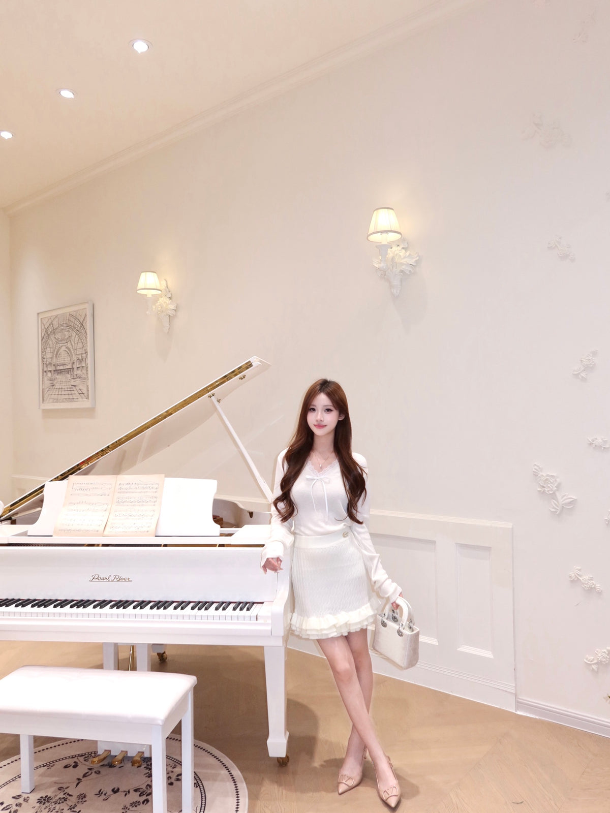 ⁠[Chic] Lace Trim V-Neck Bow Knit Base Top (QH-115)⁠