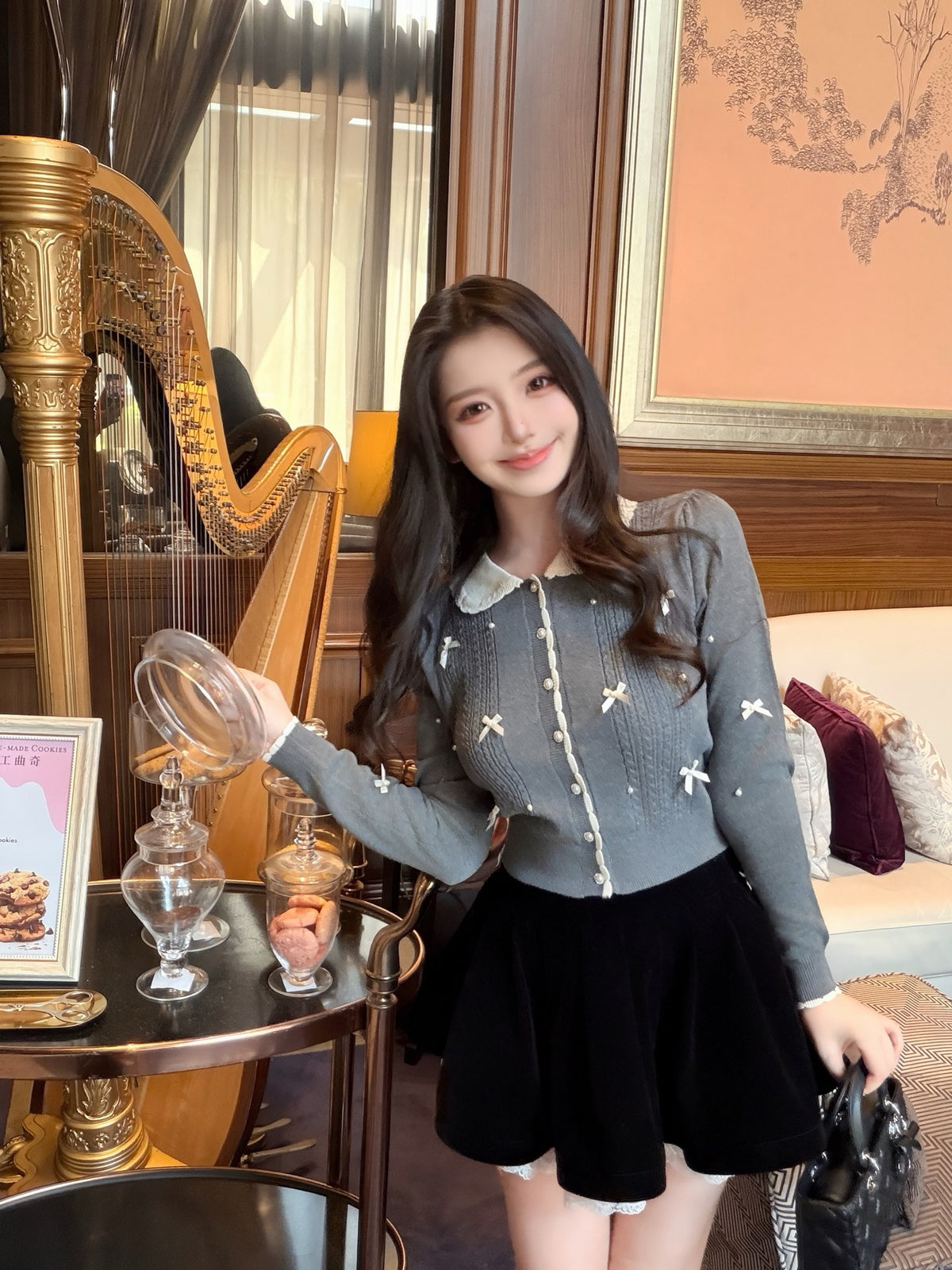 ⁠[Coquette] Doll Collar Ribbon Beaded Knit Cardigan (MY5813)⁠