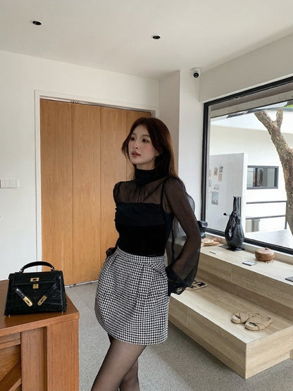 [Girlgod] British Style Top+ A-line Short Skirt Set