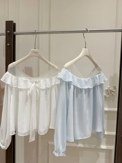 [Bling Bling] Girly Ribbon Blue & White Top (Q089)