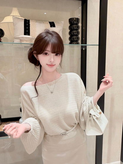 [Dating] Off-Shoulder Batwing Knit Top with Belt (QH-022)
