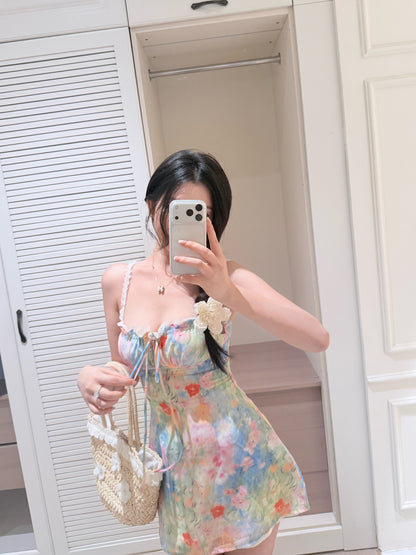 [Artistic] Watercolor Floral Lace Strap Mini Dress (QF083)