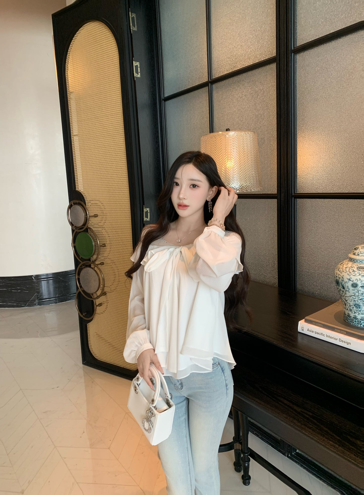 [Bling Bling] Girly Ribbon Blue & White Top (Q089)