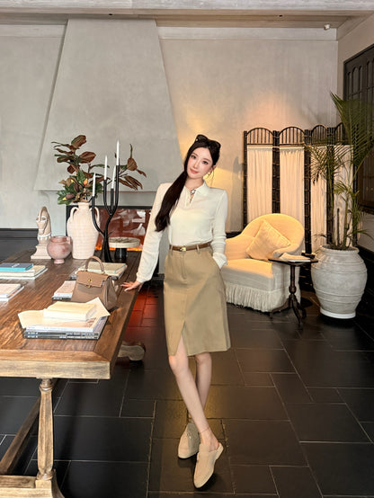 [Lumi Premium]70% Linen 30%Lyocell Slit A-Line Skirt (YR26187)