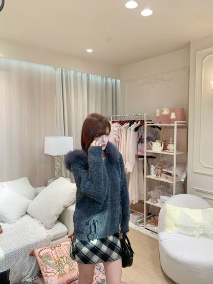 [Girly] 100% Wool Zip-up Sweater (Fox Fur Hat)
